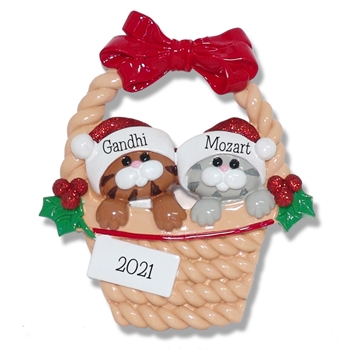 2 Kitty Cats in Basket Personalized Pet Christmas Ornament - RESIN