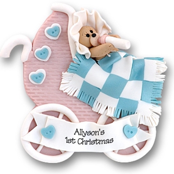 Baby Bear in Pink Buggy<br>Personalized<br>Baby Ornament