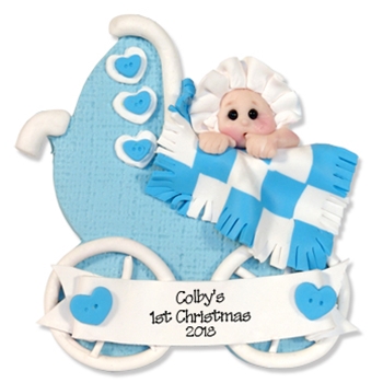 Baby Boy in Buggy Ornament Personalized 1st Christmas Ornament - Limited Edition