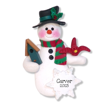 Snowman with Bird and Birdhouse Personalized Ornament