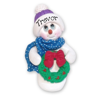 Snowman with Wreath Personalized Ornament