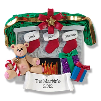 Fireplace w/Bear & 3 Stockings Personalized Family Ornament