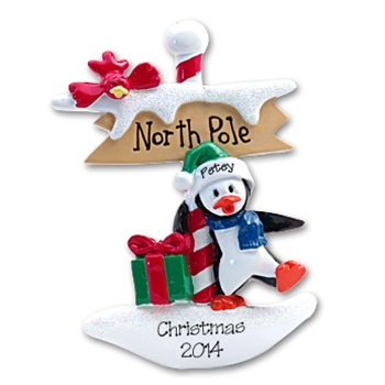 Petey Penguin At the North Pole Personalized Ornament - RESIN