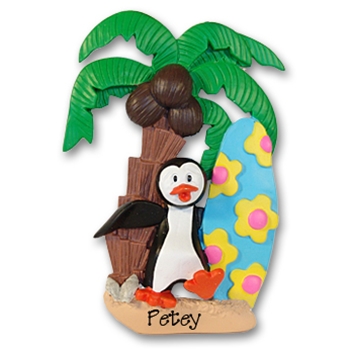 Petey Penguin with Surfboard Personalized Ornament - RESIN