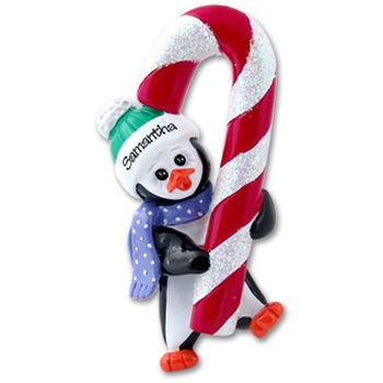 Petey Penguin w/Candy Cane Personalized Christmas Ornament - RESIN