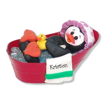 Petey Penguin in Bathtub Personalized Ornament