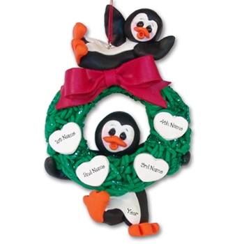 Penguin Couple w/Wreath and 4 Hearts Personalized Ornament Limited Edition