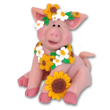 Handmade Polymer Clay Pig with Sunflowers and Daisies Figurine
