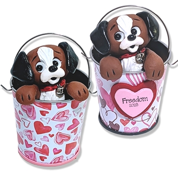 Brown Puppy Dog in Valentine Bucket Handmade Figurine