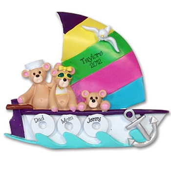 Sailboat w/3 Bears<br>Personalized Family Ornament<br>RESIN