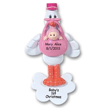 Stork w/Baby Girl<br>Personalized Baby Ornament