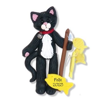 Black & White Tuxedo Kitty Cat Fishing Personalized Ornament