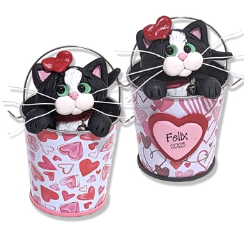 Tuxedo KITTY CAT in Valentine Bucket Handmade Polymer Clay Valentine Decor