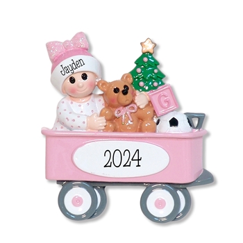 Baby Girl in Pink Wagon Personalized Christmas Ornament - RESIN