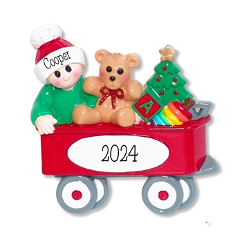 Child in Red Wagon Personalized Christmas Ornament