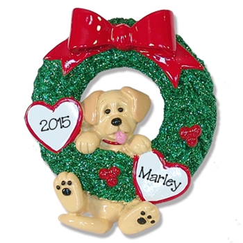 Yellow Lab<br>Hanging in Wreath<br>Personalized Dog Ornament