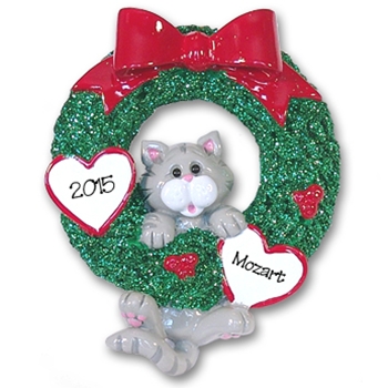 Gray Tabby<br>Hanging in Wreath<br>Personalized Cat Ornament