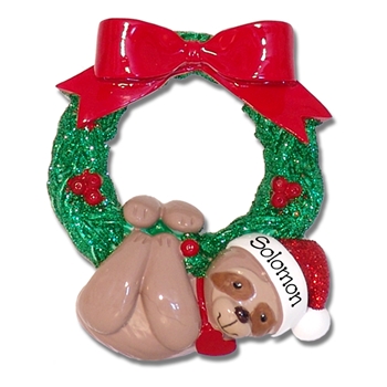 Christmas Sloth Hanging from Wreath Personalized Christmas Ornament - RESIN