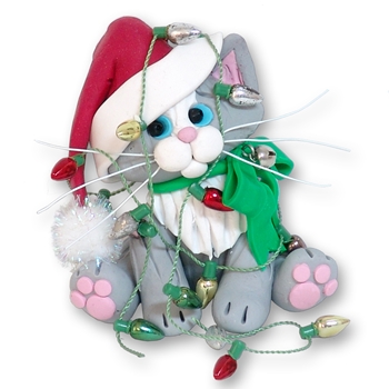 Gray & White KITTY CAT with Lights Personalized Christmas Ornament