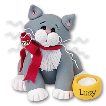 "Lucy" Gray & White Kitty Cat Personalized Christmas Ornament