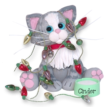 Gray & White Tabby KITTY CAT w/Chriistmas Lights Personalized Christmas Ornament